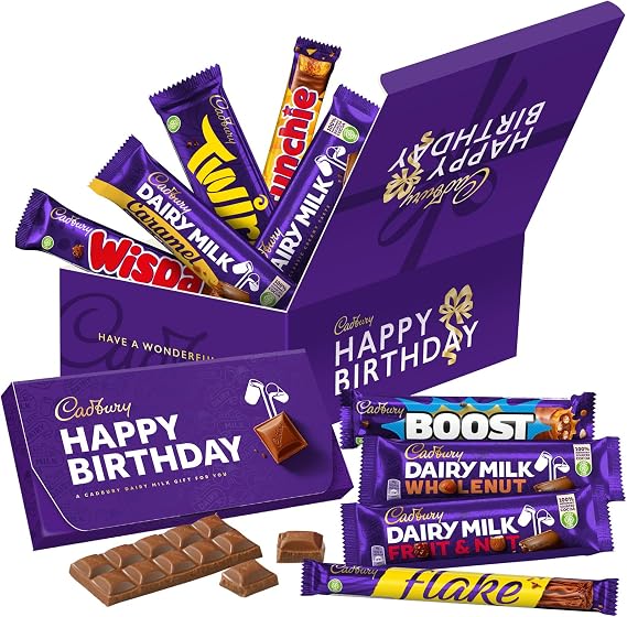 Cadbury "Happy Birthday" Chocolate Treasure Box. 10 Full Size Chocolate Bars Including Dairy Milk, Crunchie, Caramel, Flake, Twirl & More!