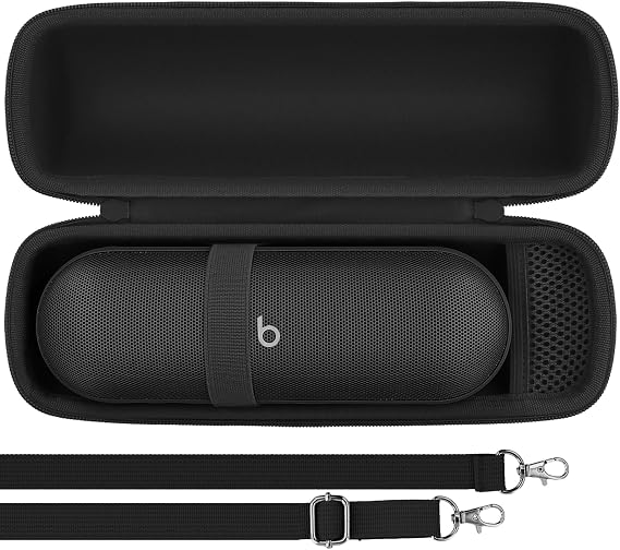 for Beats Pill Wireless Bluetooth Speaker Hard Protective Case, Matte Black | Travel Protective Storage Bag with Mesh Pocket & Detachable Shoulder Strap, Shockproof EVA Shell and Soft Lining