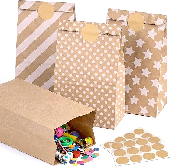 VGOODALL 36 Pack Brown Kraft Paper Bags with Stickers - 8.7"x4.7"x3.1" Assorted Pattern Party Favor Bags, for Wedding, Kids Birthday, Retail Packaging & Lunch Treats