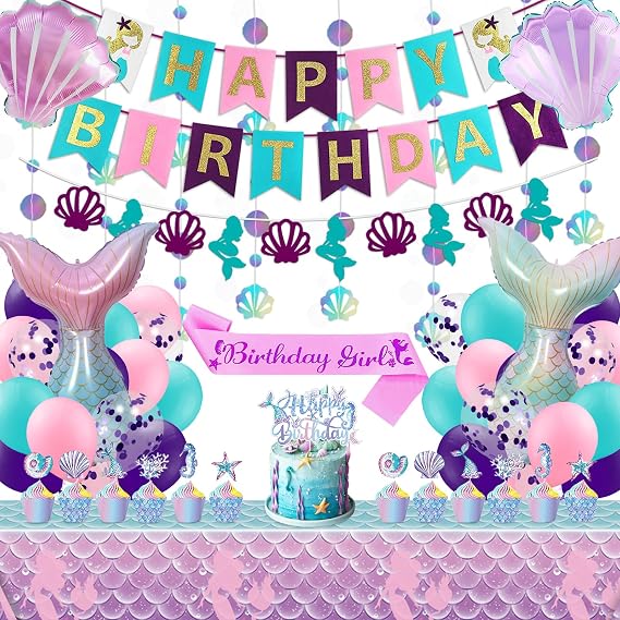 Mermaid Birthday Decorations, Mermaid Party Supplies Include Brithday Sash Banner Balloons Tablecloth Cupcake Toppers for Women Girls Birthday Decorations