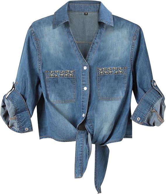 Women's Denim Shirt Roll Up 3/4 Sleeve Tie Front Knot Chambray Crop Top