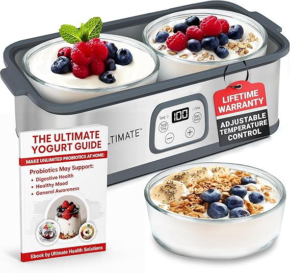 Ultimate Yoghurt Maker Pro with Adjustable Time & Temperature Control, Make Trillions of Live Bio Cultures, Easy to Use Machine with Two 0.9 Liter Containers for Large Batches, FULL