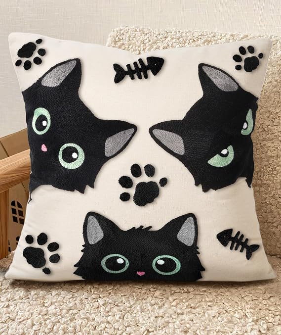Embroidered Throw Pillow Cover 18x18 Inch, Cat Bone