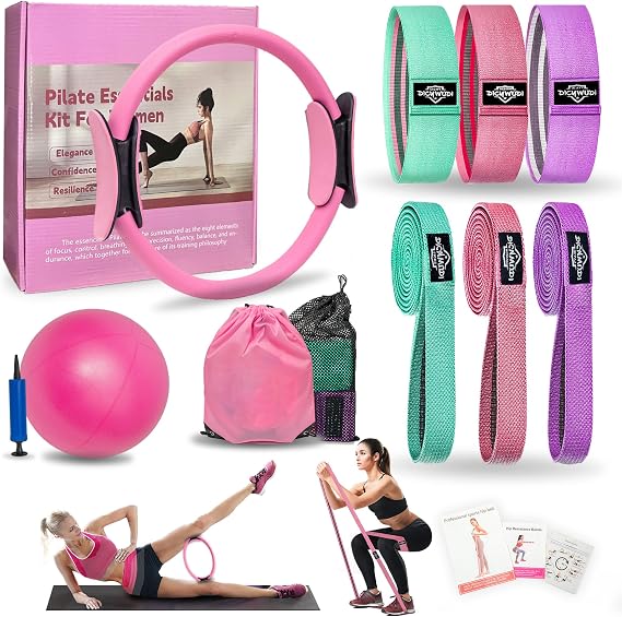 DICYWUDI Pilates Essentials Kit for Home Women, Pilates Equipment for Workouts, 6 Fabric Resistance Bands, 12 Inch Magic Circle Yoga Ring, Mini Exercise Ball, Great Exercise Equipment
