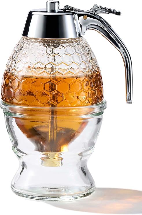 PAULSWAY Stainless Steel Shaft Honey and Maple Syrup Dispenser - No Drip Glass Honeycomb Jar with Stand, 8 oz Syrup Pot, Silver Plastic Top