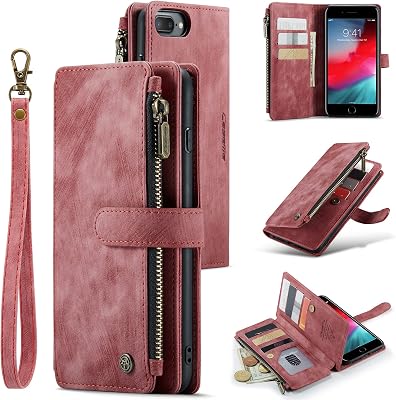 UEEBAI Wallet Case for iPhone 7 PlusiPhone 8 Plus, Premium Handmade PU Leather Phone Case Card Slots Magnetic Closure Zipper Pocket Kickstand Flip Case with Hand Strap - Vintage Red