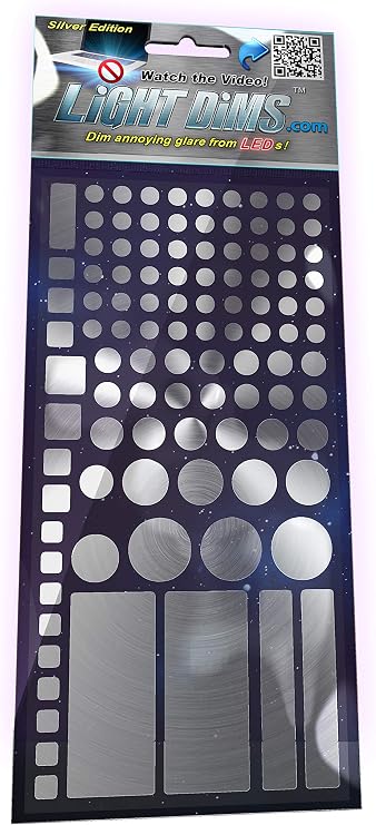 LightDims Silver Edition - Light Dimming LED covers/Light Dimming Sheets for Metallic, Aluminum colored Electronics and Appliances and more. Dims 80-90% of Light, in Retail Packaging.