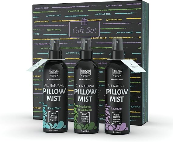 Aromasong All Natural Pillow Spray Holiday Gift Pack of Lavender, Ocean Mist, and Eucalyptus Included - Calming Linen & Bedtime Natural Essential Oil Mist Spray for Sleeping