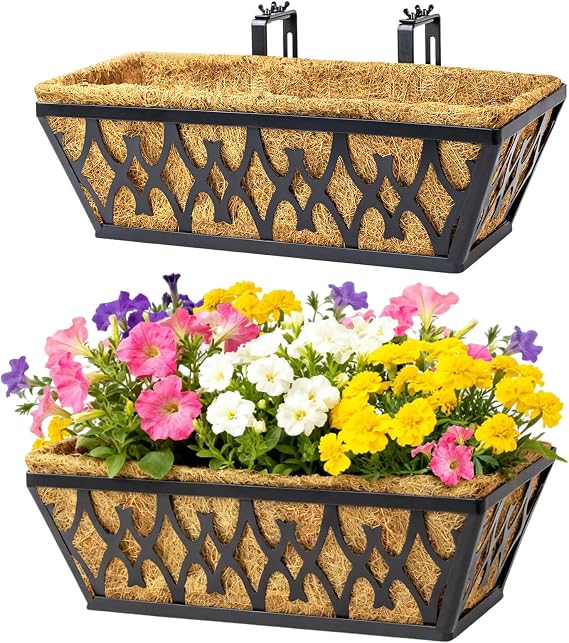 2 Pack 16 Inch Window Boxes Planters Railing Planter Box with Adjustable Brackets for Porch Fence Patio Balcony Hanging Flower Baskets with Coco Liners for Outdoor Garden Decor - Black