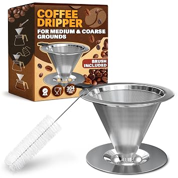 Pour Over Coffee Dripper - 3.18x4.48" Stainless Steel Pour Over Coffee Maker with Large Plastic Handle, Wide Secure Base and a Brush for Cleaning - Ensures Well-Balanced and Reach Tea Infuser