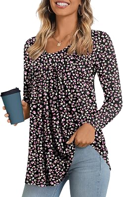 LONGYUAN Womens Long Sleeve Casual Tunics Tops 2026 Winter Loose Shirts Flare Blouse Comfy Elastic Cute