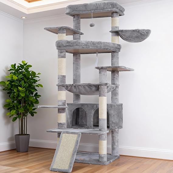 Heybly Tall Cat Tree for Large Cats, 202 cm Multi-Level Cat Tower for Indoor Cats with Large Baseboard, Condo Furniture with 2 Widened Plush Perches,Scratching Board and Big Caves, Light Grey HCT038W