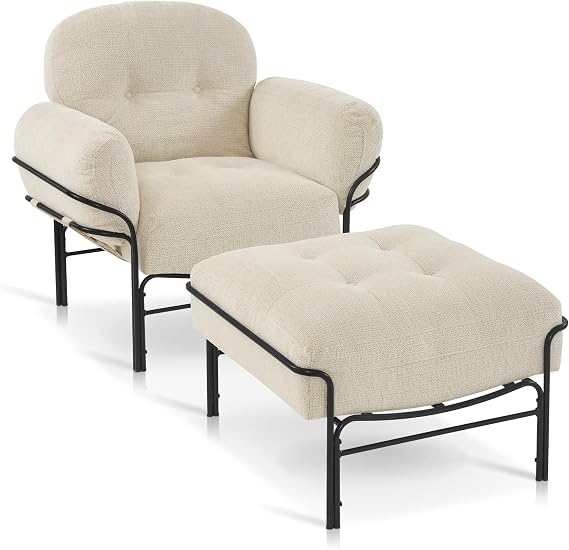 MCombo Modern Accent Chair with Ottoman, Chenille Upholstered Leisure Sofa Chair for Small Space, Living Room & Bedroom 4071 (Beige)