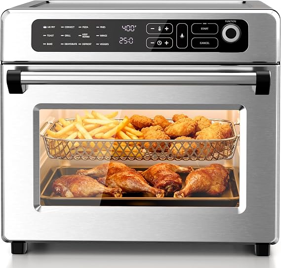 Kismile 25QT Air Fryer Toaster Oven Combo, 12-in-1 Large Countertop Convection Airfryer Oven, 70450F, Bake, Roast, Reheat, Broil, Fits 12 Pizza, Includes Full Accessories, Stainless Steel(Silver)