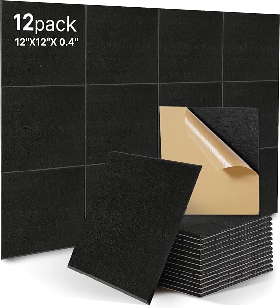 12 Pack Square Acoustic Foam Panels,High Density Self-adhesive Soundproofing Panel and Sound Absorption,Easy Install,for Children Fire Prevention.Recording Room,Offices,Wall Decoration(Black)