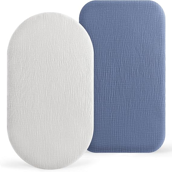 Muslin Moses Basket Sheets 2 Pack - 100% Cotton Next to Me Crib Sheets Fitted Bassinet Cot Sheets 83x43cm Fit for Oval Rectangle or Hourglass Bassinet Mattress (Blue&Grey)