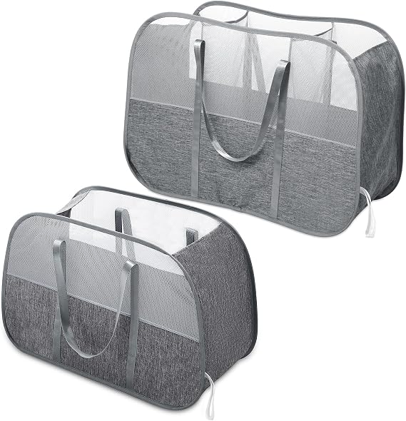 Collapsible Laundry Baskets with Easy Carry Handles, 95L Clothes Hamper 150L Pop Up Hamper 3 Compartment, Foldable Basket with Tote Handles Grey