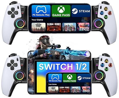 HASACOOL Handy-Controller Bluetooth für Smartphone & Switch Hall Effect No Drift for iPhone/Android/Switch/iPad Mini PS Remote Xbox Cloud Steam Link 1000mAh RGB Turbo Macro
