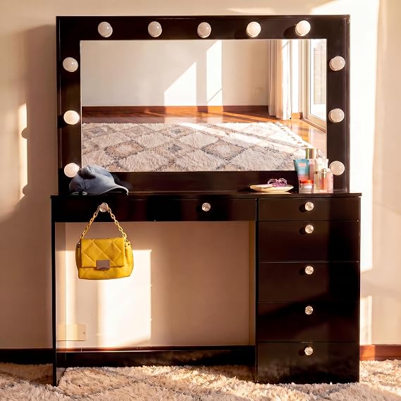 Boahaus Luna Vanity Desk with Framed Bulb Mirror 7 Drawer Integrated Makeup Station