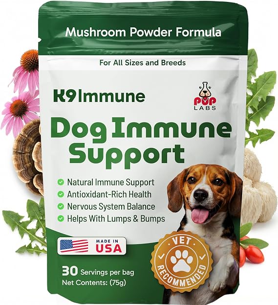 K9 Immune, All-Natural Mushroom Powder for Dogs for Immunity, Digestion, Joints, Energy, Antioxidant-Rich & USA-Made, Dog Immune Support with Turkey Tail Mushroom for Dogs, 30 Servings