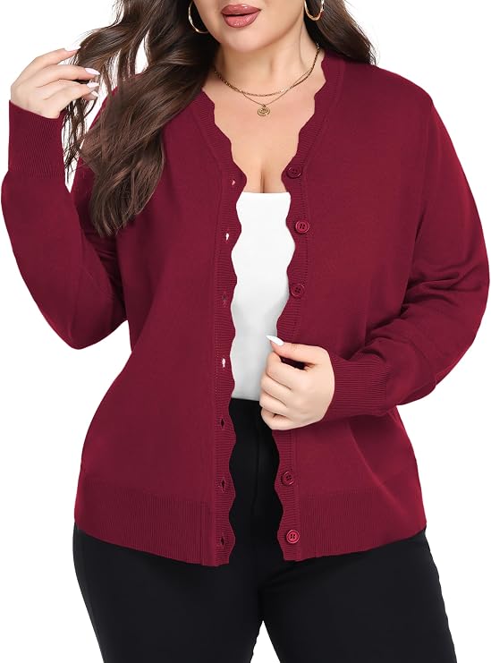 TIANZHU Women's Plus Size Long Sleeve Ribbed Wave Edges Cardigan Sweaters