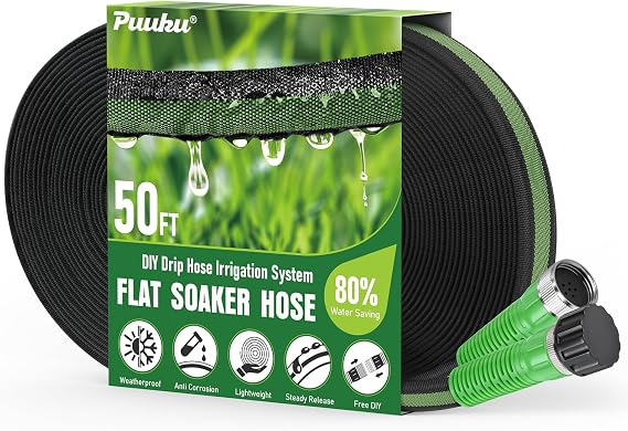 Flat Soaker Hose 50ft for Garden and Lawns, 80% Water-Saving Drip Irrigation Hose with Anodized Aluminum Ends, Flexible Leakproof Double Layer Gardening Hoses