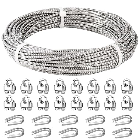 3/16 Wire Rope, 50ft Stainless Steel Cable with Wire Rope Clamps & Thimble, 3700lbs Breaking Strength, 7X19 Strands Aircraft Cable for Zipline, Deck Railing, Clothesline