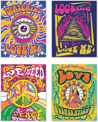Trippy Psychedelic Hippie Wall Art - Set of 4 8x10 Inch - Indie Aesthetic Y2K Stoner Teen Poster Decor - College University Dorm Room Pictures Kidcore Preppy Hipster Prints - Cool Peace Love Poster