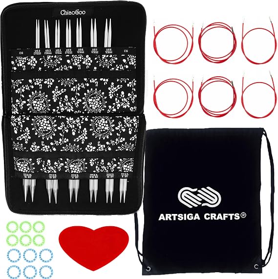ChiaoGoo Twist Red Lace 5-inch Complete 7500-C Interchangeable Set | US 2, 3, 4, 5, 6, 7, 8, 9, 10, 10.5, 11, 13, 15, Circular Knitting Needles, Stainless Steel, 6 Cables, Project Bag