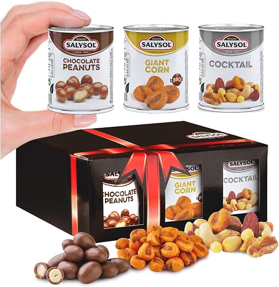 Salysol 6 Pack Mini Can Snack Variety – 2 BBQ Giant Corn 30g, 2 Chocolate Peanuts 50g, 2 Spicy BBQ Cocktail 50g – Gift Box Snack Set for Men and Women