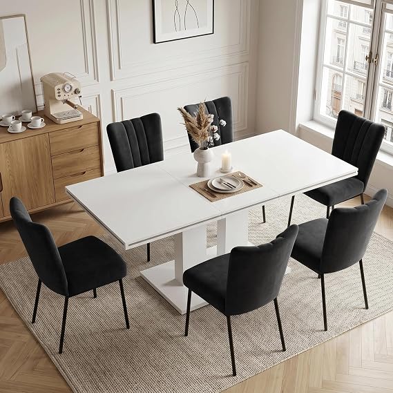 JIEXI Dining Table and Chairs Set 6, 140-180 cm Extendable Rectangular Kitchen Table with Upholstered High Back Chairs, Modern Dining Room Furniture Set for 6 People