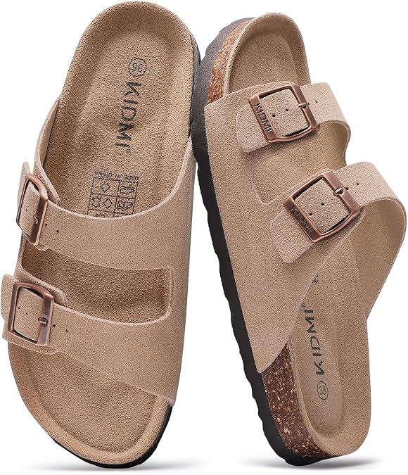 KIDMI Women's Cork Footbed Casual Summer Sandals with Mild Arch Support | Double Adjustable Buckle Slides for Men with Memory Foam, Lightweight Unisex No-Break-In Sandals