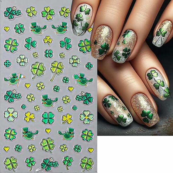 St. Patricks Day Nail Sticker Decal Green Clover Nail Art Stickers for Nail Art Lucky Shamrock 5D Embossed Nail Art Supplies Yellow Nail Design Stickers for Nail Decorations DIY Manicure Tips(1 Pcs)