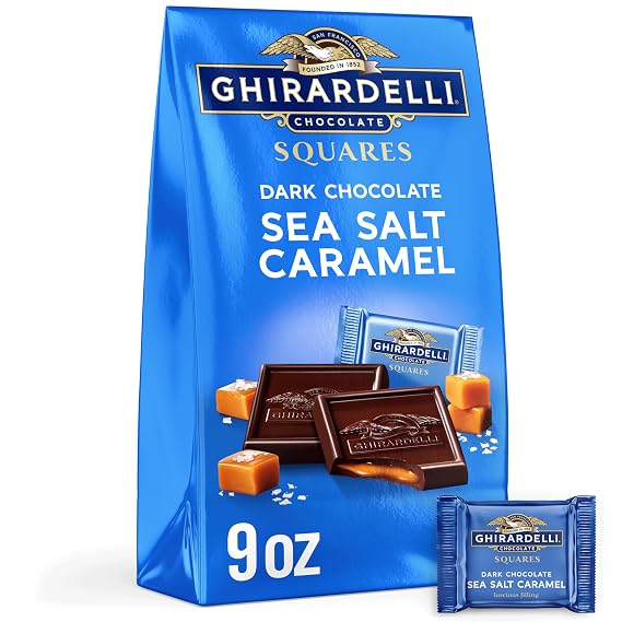 GHIRARDELLI Dark Chocolate Sea Salt Caramel SQUARES Premium Individually Wrapped Dark Chocolate Candy Filled with Buttery Caramel and Sea Salt, 9 oz Bag