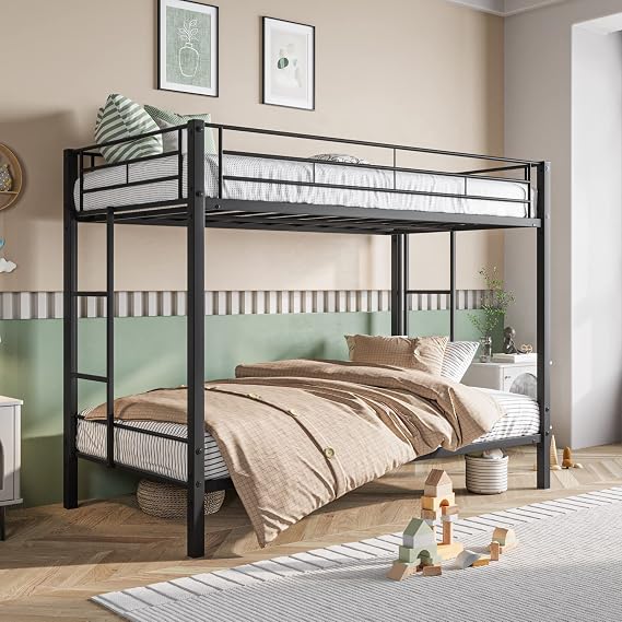 Metal Bunk Bed Twin Over Twin, Heavy Duty Twin Bunk Beds with Shelf and Slatted Support No Box Spring Needed Black