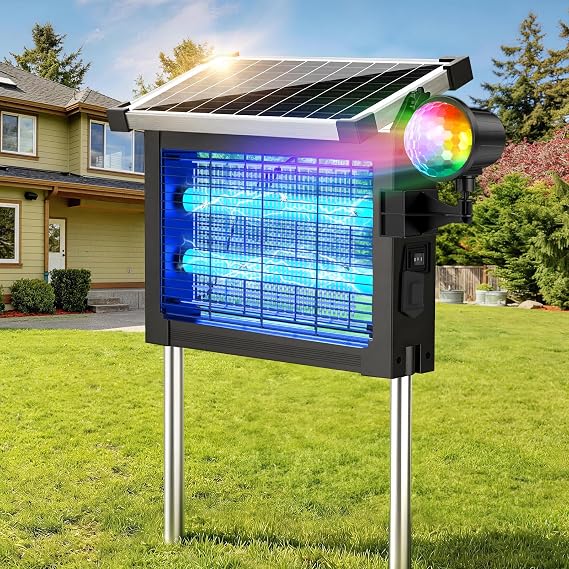 Solar Bug Zapper Outdoor, 4500V Mosquito Zapper with Water Wave Projector | 10W Solar & USB Electric Mosquito Killer, Auto Mode, 3 Placement Cordless Fly Zapper Waterproof for Patio Garden