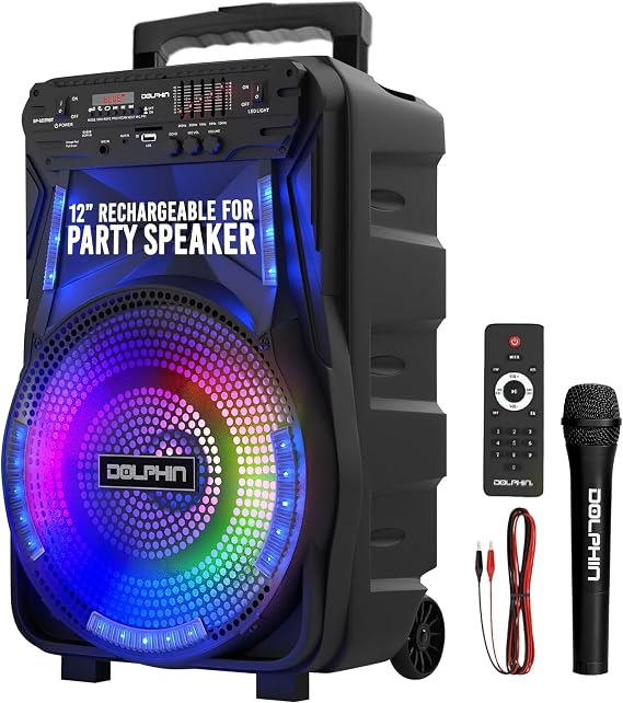 Dolphin Large Bluetooth Party Speaker with Trolley & Wheels, 12" Woofer