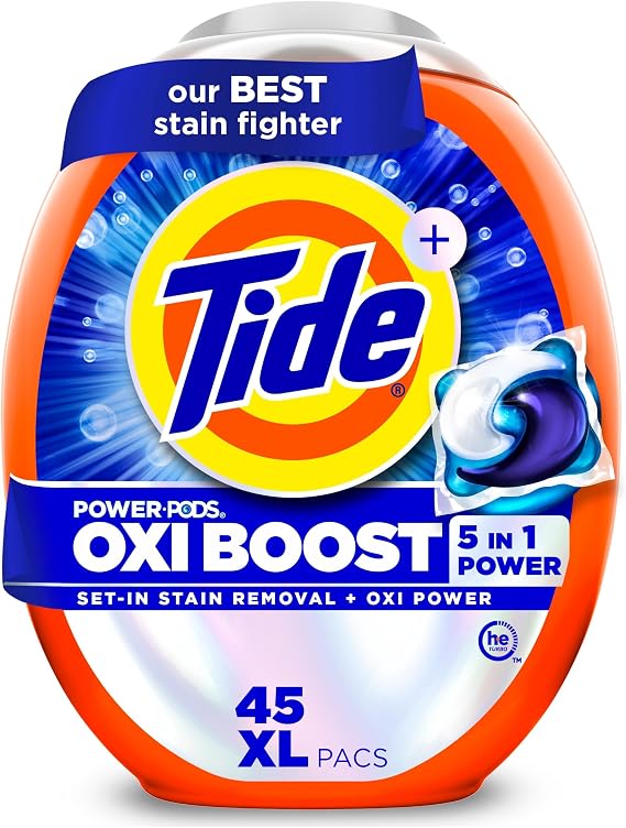 Tide Oxi Boost Power PODS Laundry Detergent Pacs, 45 Count, Set-In Stain Removal + Oxi Power, laundry soap detergent pacs