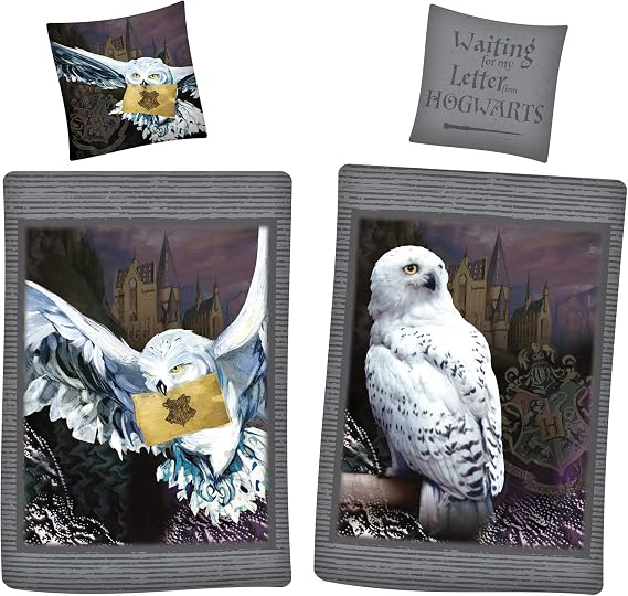 Harry Potter Hedwig Owl Reversible Bed Linen 135 x 200 cm + 80 x 80 cm 100% Cotton Renforcé Linen Quality with YKK Zip Hogwarts Gryffindor Hufflepuff Ravenclaw Slytherin German Size