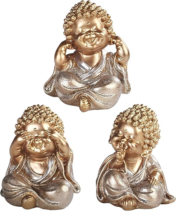 ICE ARMOR 3-Piece Gold Shakyamuni Buddha Hear-No, See-No, Speak-No Evil 3.5" H Statue Decoration Figurine Set Office Desk/Home/Living Room/Table Decor, Perfect House Warming Gifts for new Home
