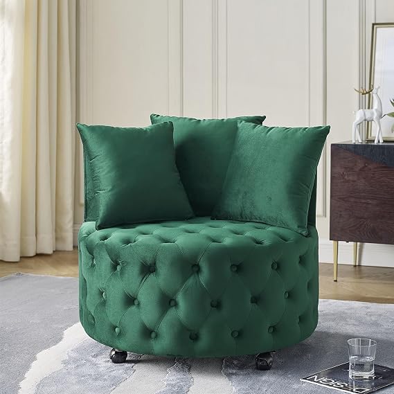 GNIXUU Swivel Barrel Accent Chair, 30 Modern Velvet Round Swivel Chair with 3 Pillows and Wheels, Comfy Tufted Single Club Sofa Lounge Chair for Living Room, Bedroom(Green).