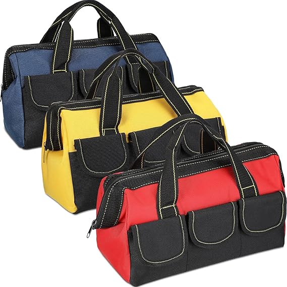 3 Pack Tool Bag,13 Inch Muti-Purpose Wide Open Mouth Tool Storage Bag with 5 Pockets Waterproof Tools Tote Bags Heavy Duty Tools Organiser for Home Repairs,Garage Storage,Professional Work