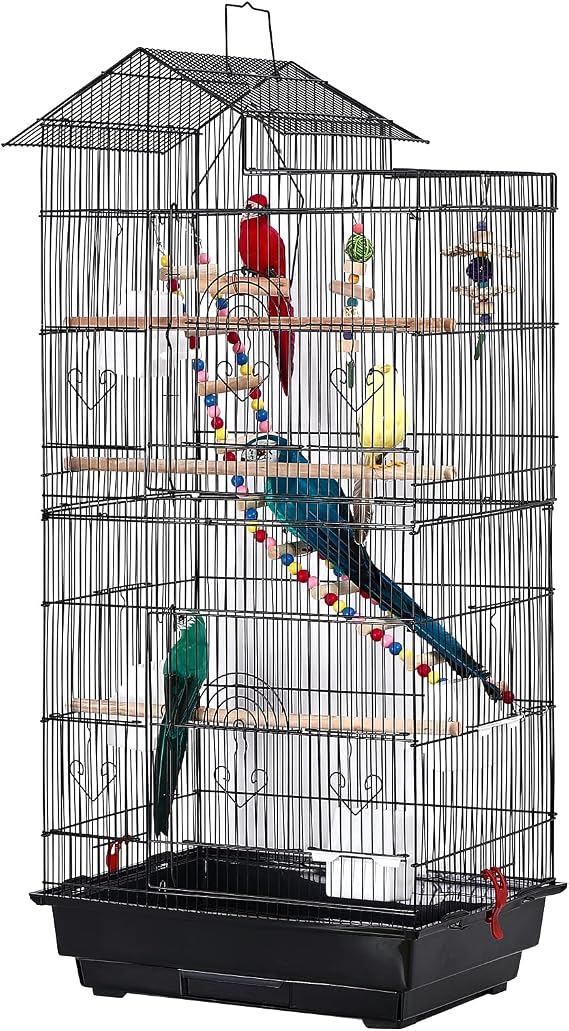 YRHome Large Bird Aviary Bird Cage Bird House 46 x 35.5 x 99 cm Parrot Cage Metal Cockatiel Cage Toy Aviary Cage Animal Cage with Wooden Poles Toy Stairs Feeding Bowl