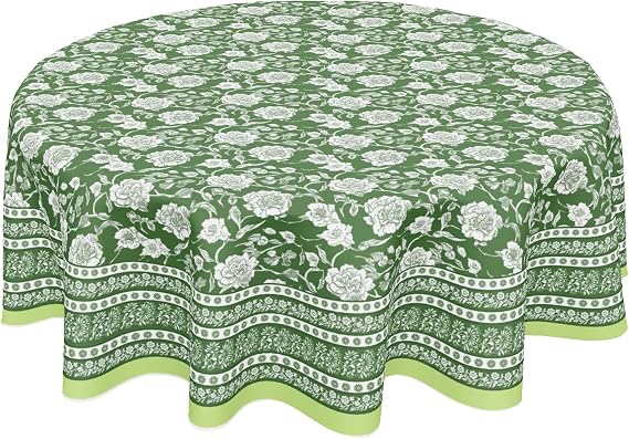 Sweetshow Outdoor Green Tablecloth Round 60 Inch White Floral Chinoiserie Table Cloth Vintage Flower Boho Table Cover Decorative for Home Kitchen Dining Indoor Party Picnic Home Decor
