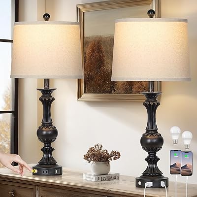 28 Black Farmhouse Table Lamps Set of 2, Rustic Lamps for Living Room with USB CA Ports & AC Outlet, 3 Way Touch Control Bedroom Lamp, Retro Tall Bedside Lamp for Nightstand Side Table