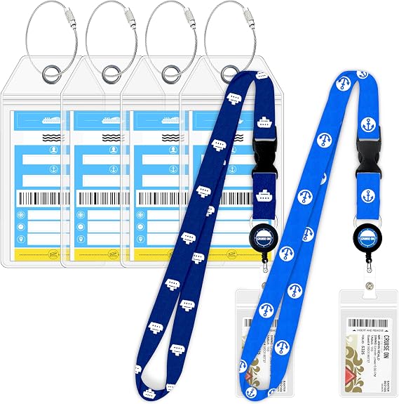 Cruise On Norwegian Luggage Tag Holders (4 Pack) & Lanyards (2 Pack) Large, Clear, Waterproof Cruise Essentials 2026-2027 Secure Ship Tags & Cards (Royal Blue)