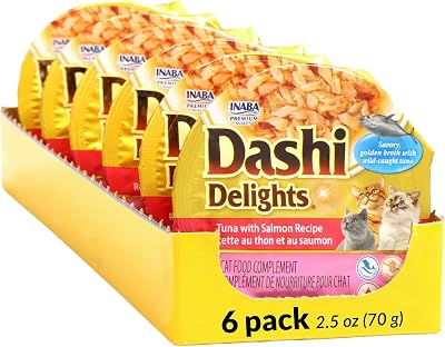 INABA Dashi Delights for Cats, Shredded Tuna Side Dish with Bonito Flake Broth, Cat Food Complement with Taurine & Green Tea Extract, 2.5 Ounce Cup, 6 Cups Total, Tuna with Salmon Recipe
