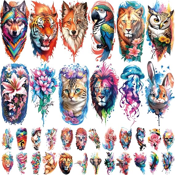 77 Sheets Half Arm Wolf Lion Tiger Cat Owl Parrot Flower Fake Tattoos Realistic Half Sleeve Body Temporary Tattoo Adult Men Women Kids Stickers