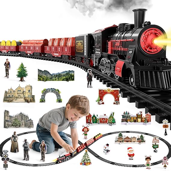 NIPLOOOW Train Set for Kids 3-5, Electric Train Toy with Realistic Sound, Lights and Smoke for Under Christmas Tree,Toddler Model Trains for 3 4 5 6 7 8 Years Old Kids Toys Gifts