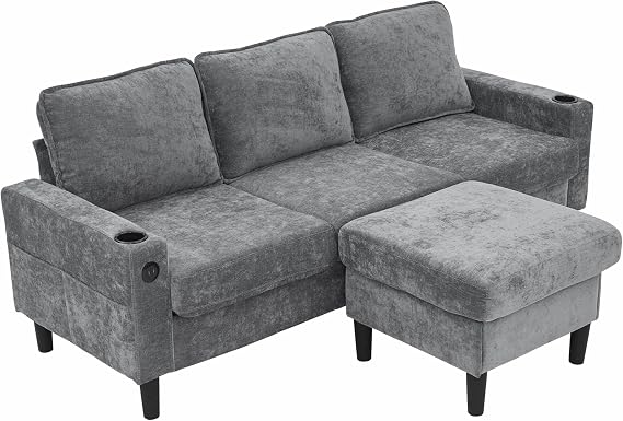 Grey Corner Sofa, 3 Seater L Shape with USB Charging Station and Cup Holder, Movable Footrest, Modern Style, 202x137x80cm